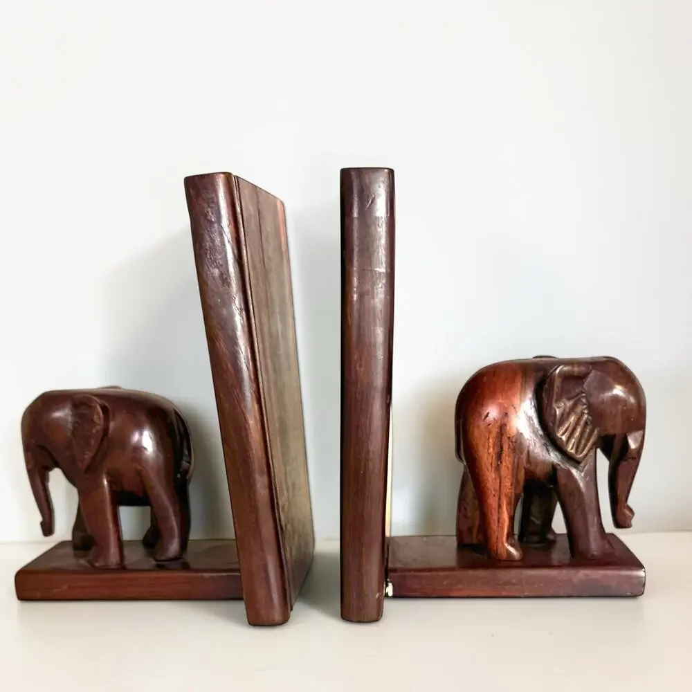Vintage Wooden Elephant Bookends | Carved Elephant Shelf Decor Pair